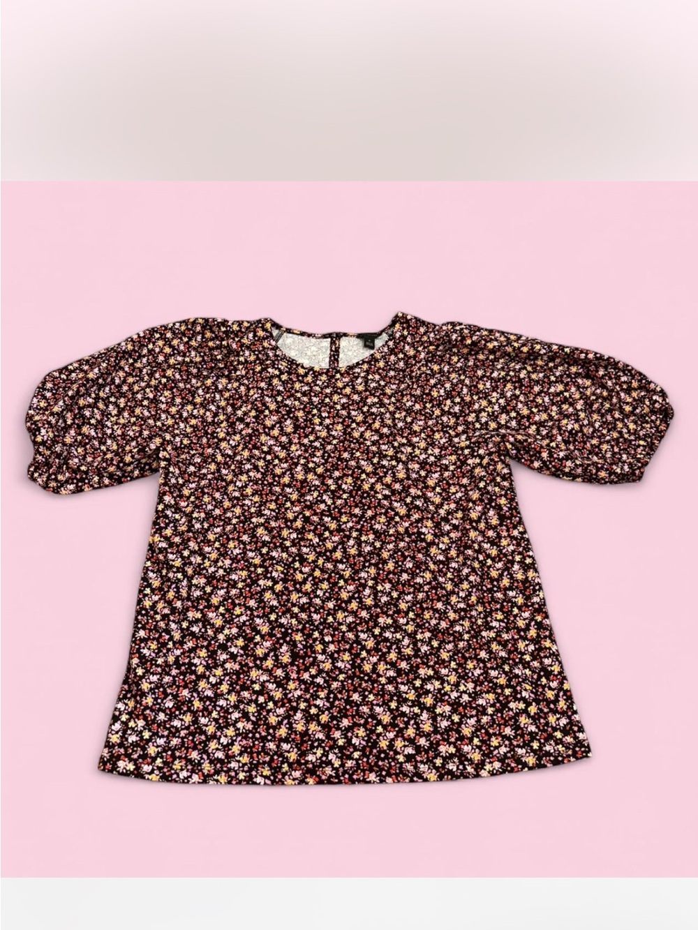 Ann Taylor Floral Puff-Sleeve Blouse - Black, Pink & Cream